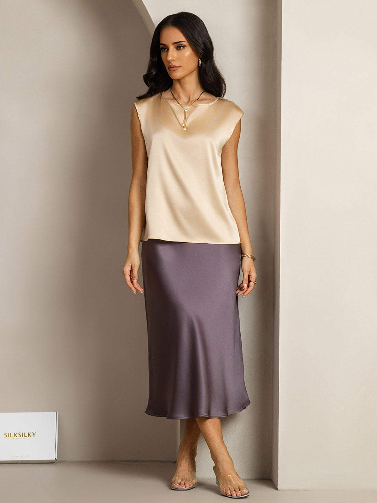 [Champagne] SilkSilky-NO 19Momme Silke Womens T-Shirt 003