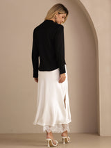 [Svart] SilkSilky-NO Long Sleeve Tie Neck Damebluser 005