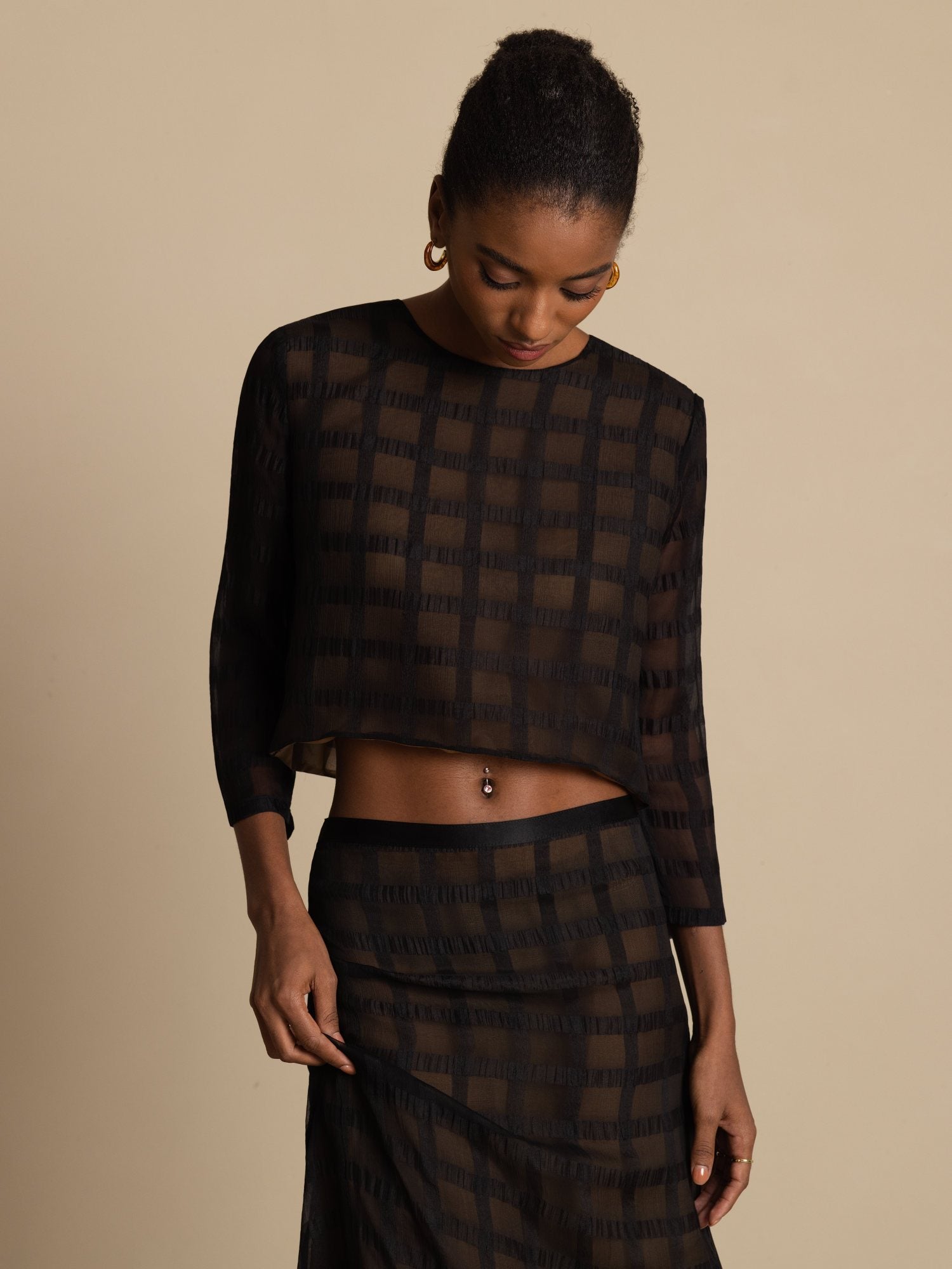 [Svart] SilkSilky-NO Ren Silke Langermet Rund Hals Women''s Outfit Sets 007