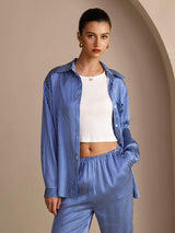 [Blå Nålestripete] SilkSilky-NO Long Sleeve Lapel Collar Women's Outfit Sets 005