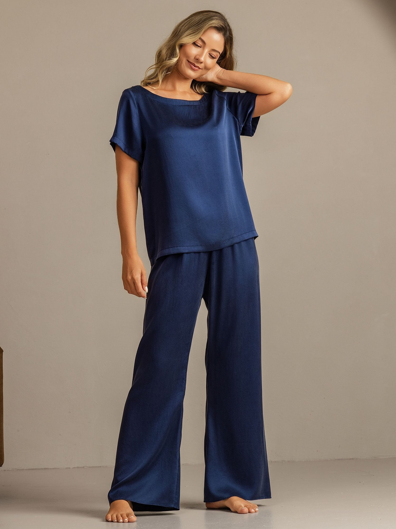 [Mørke blå] SilkSilky-NO 19Momme Silke Womens Pajamas 006