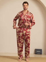 [Vinrød Drage] SilkSilky-NO Long Sleeve Lapel Collar Pyjamas for menn 004