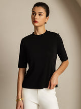 [Svart] SilkSilky-NO Halv erme Crew Neck T-skjorte for Kvinner 006