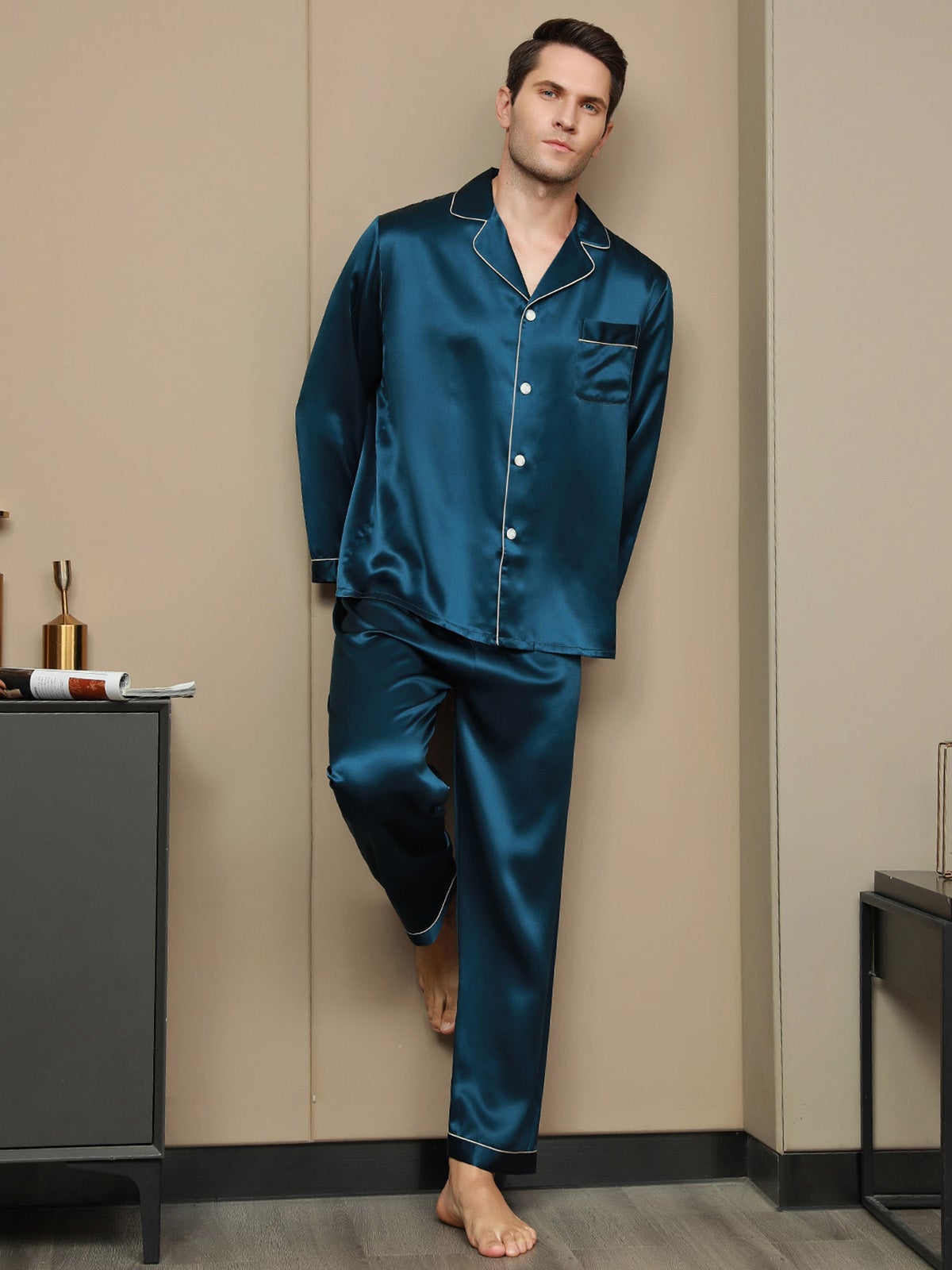 [Blågrønn] SilkSilky-NO 19Momme Mens Pajamas 004