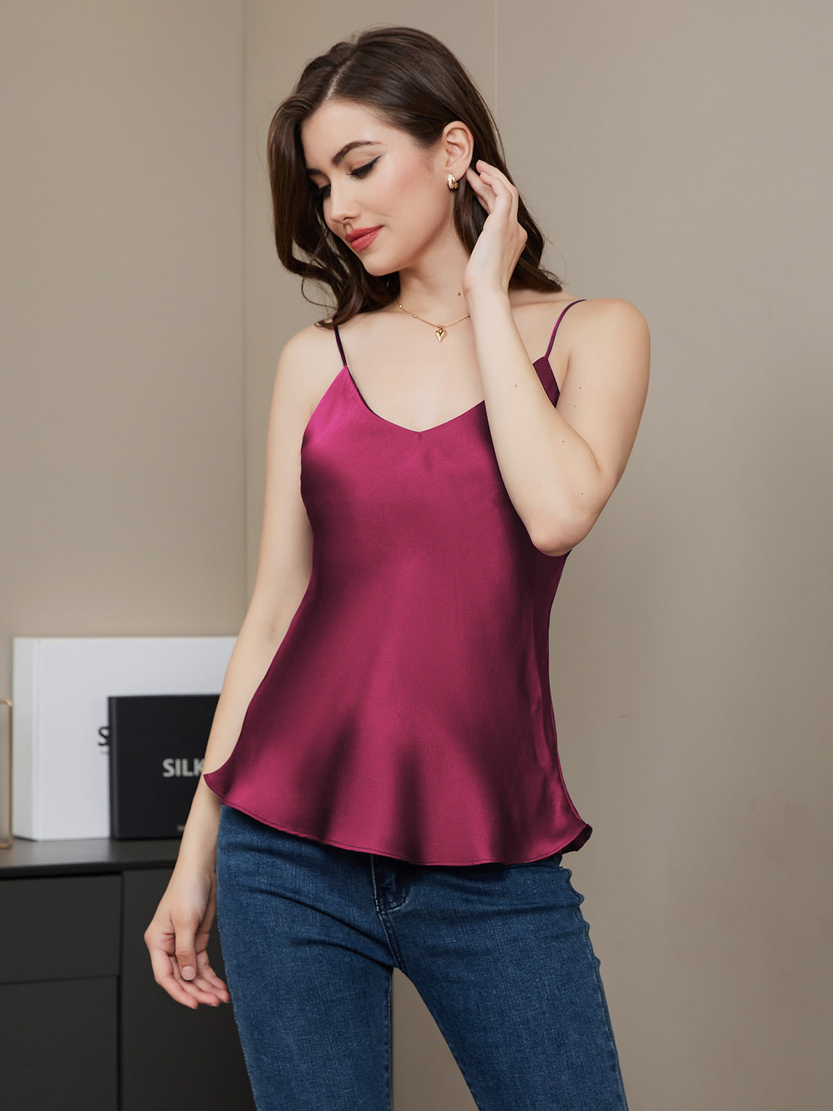 [Fuchsia] SilkSilky-NO V-Hals Camisole Topp 005