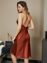 [Karamell] SilkSilky-NO Spaghetti Strap V Neck Nattkjole 004