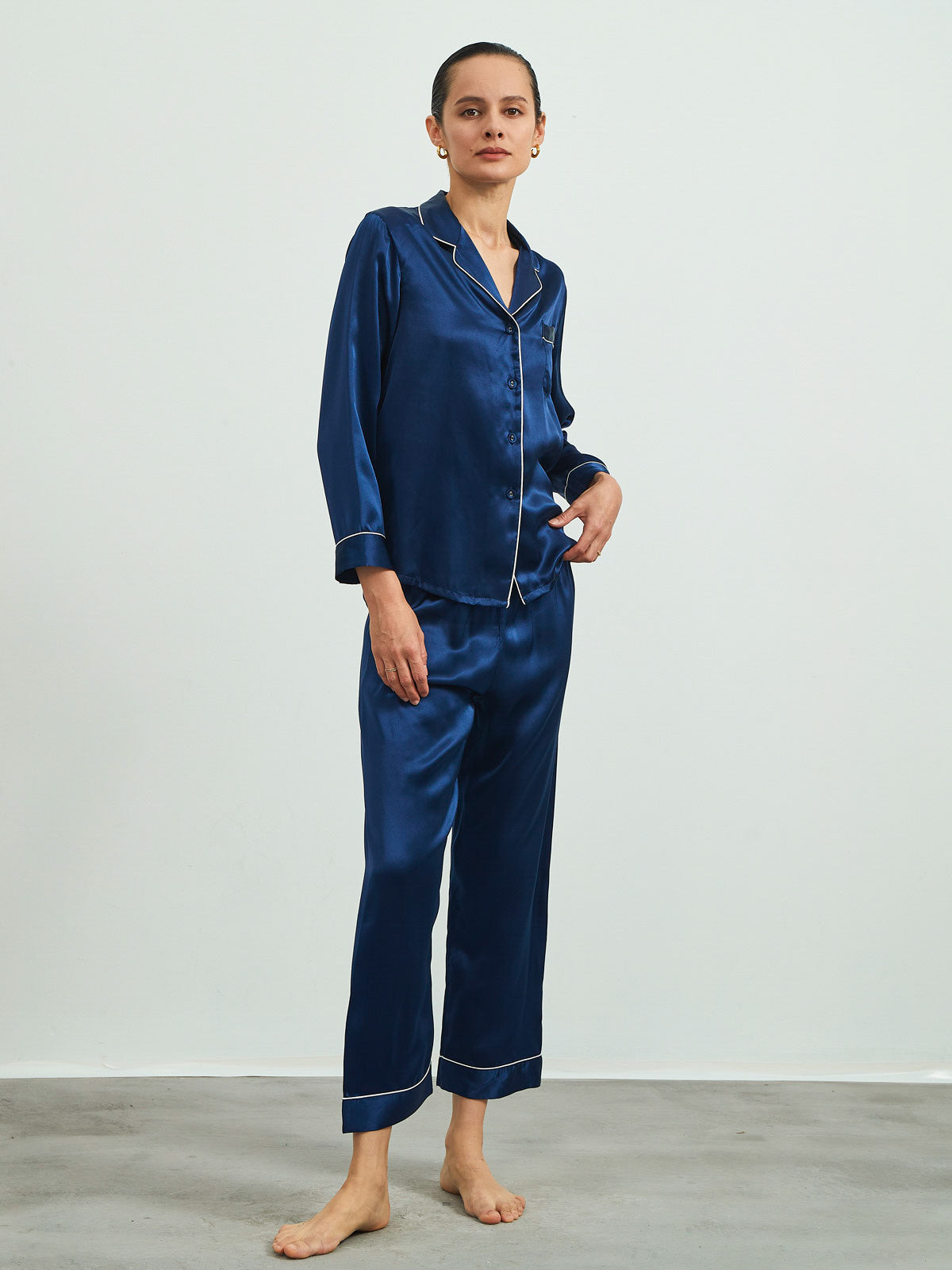 SilkSilky  Pure Silk Long Sleeve Lapel Women's Pajamas DarkBlue 001