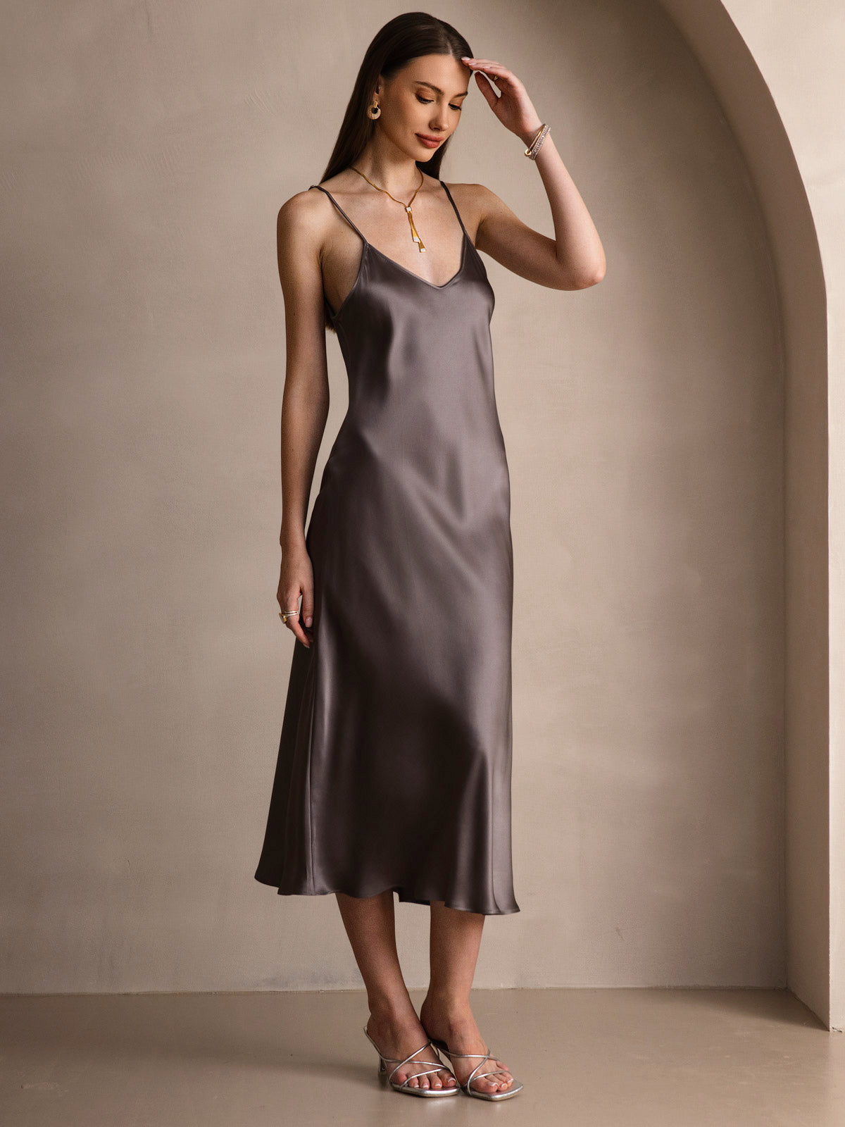 [Mørk Kaki] SilkSilky-NO Pure Silk Sleeveless Round Neck Kjole 007