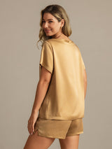 [Tan] SilkSilky-NO 19Momme Kort erm Rund Hals Pyjamas for Kvinner 002