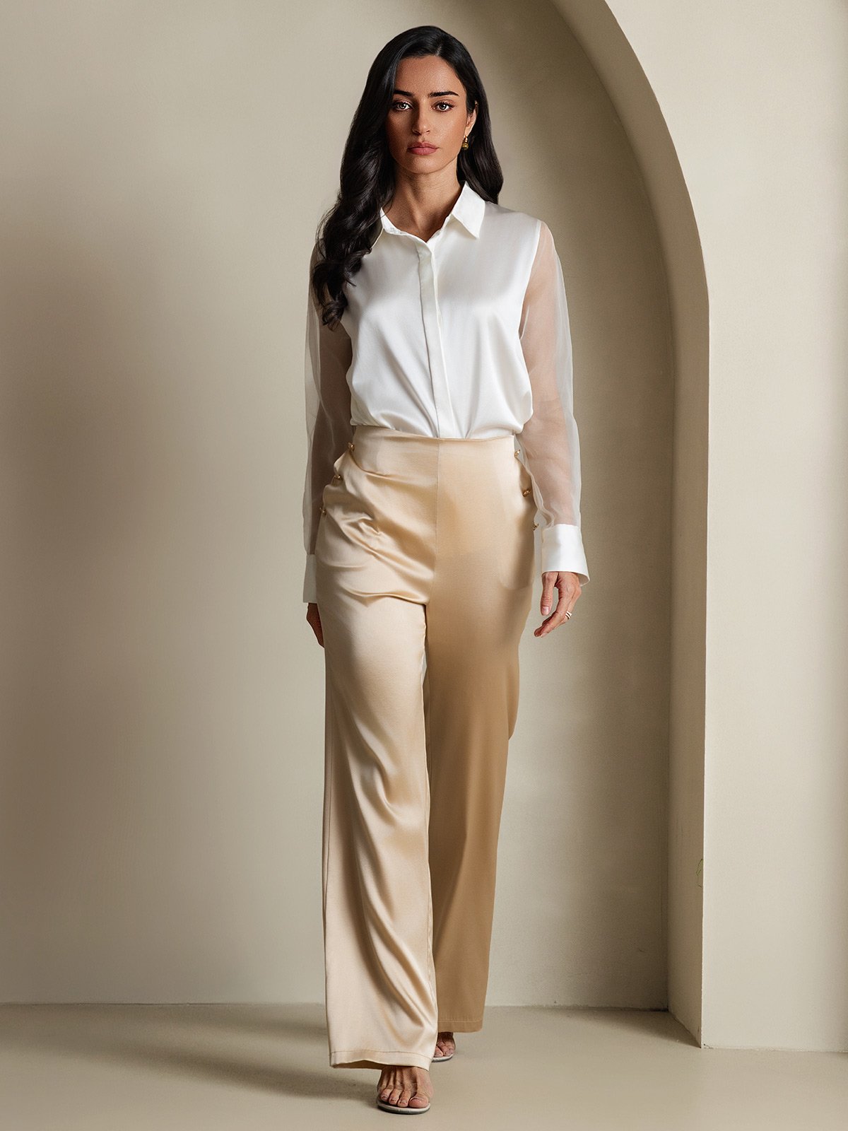 [Hvit] SilkSilky-NO 19Momme Silke Lapel Collar Skjorte for Kvinner 006