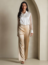 [Hvit] SilkSilky-NO Long Sleeve Lapel Collar Skjorte for Kvinner 006