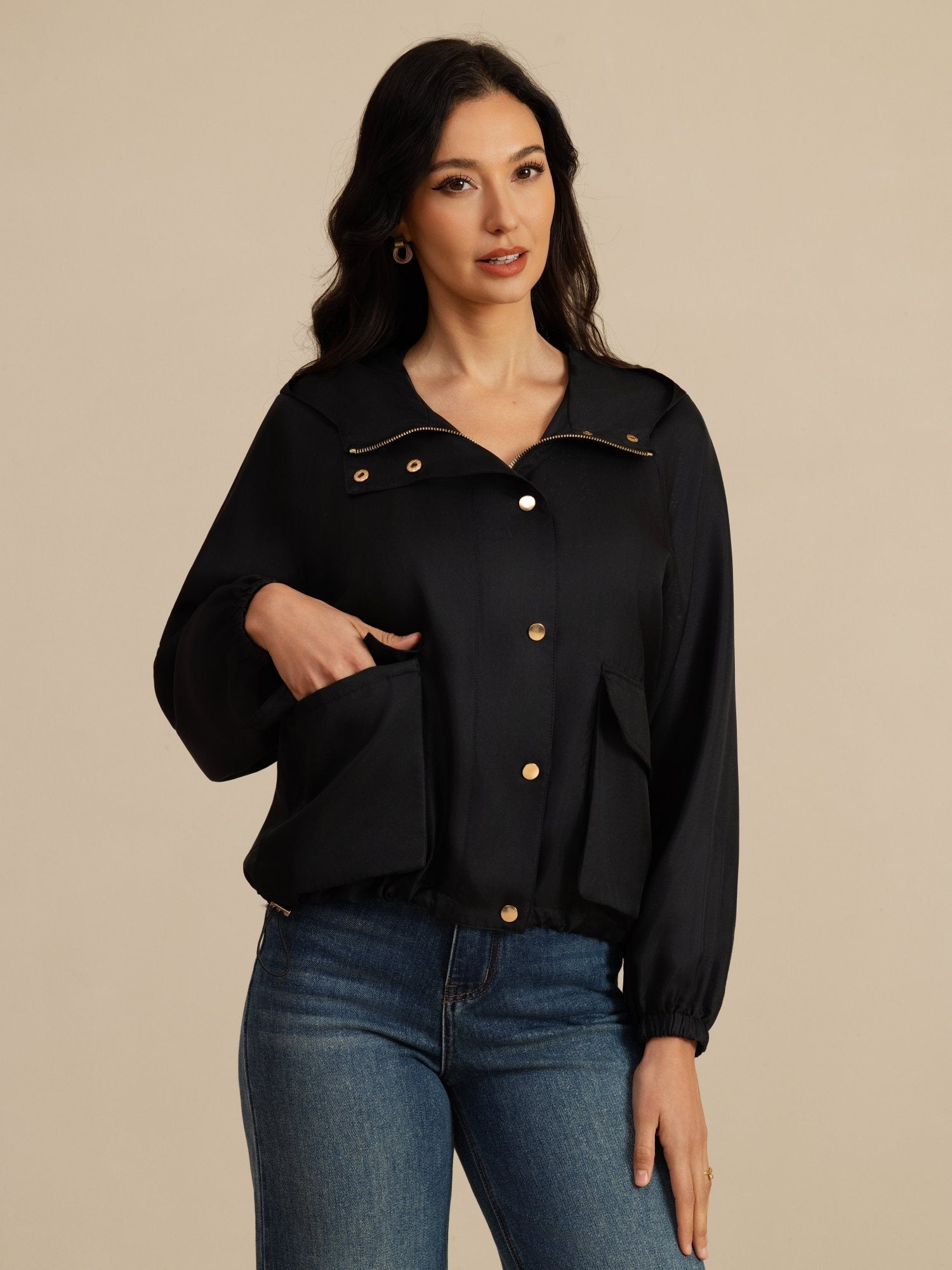 [Svart] SilkSilky-NO Langermet Høy Hals Yttertøy for Kvinner 003