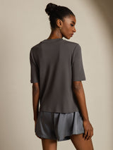 [Grå] SilkSilky-NO Halv erme Crew Neck T-skjorte for Kvinner 002