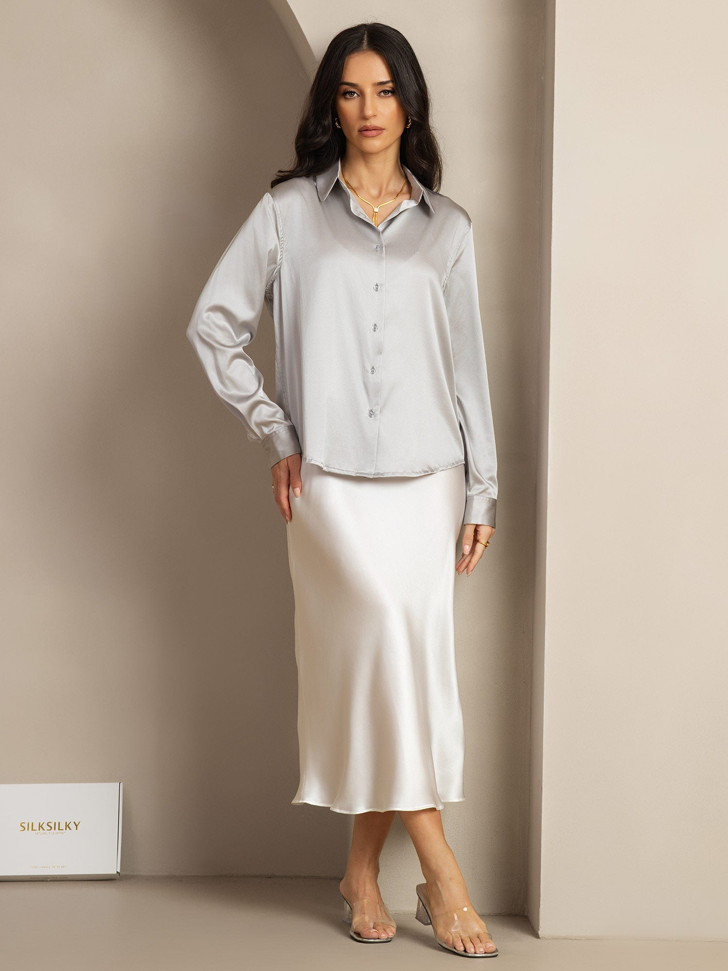 [Lysegrå] SilkSilky-NO Silke Lapel Collar Skjorte for Kvinner 004