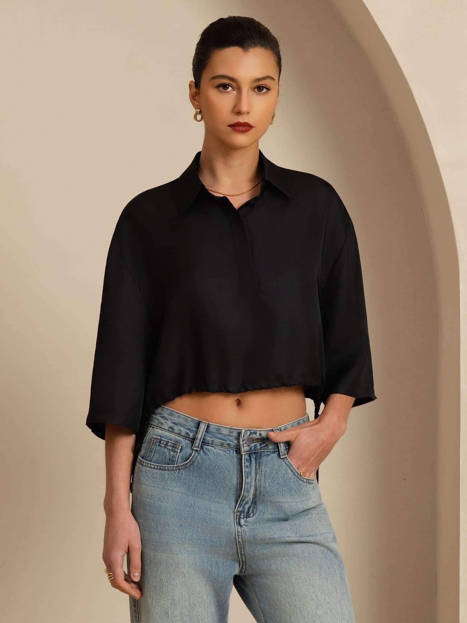 [Svart] SilkSilky-NO 18Momme Halv erme Slagkrage Bluse 004