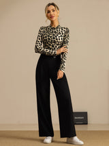 [Leopard] SilkSilky-NO Langermet Falsk Krage T-skjorte for Kvinner 008