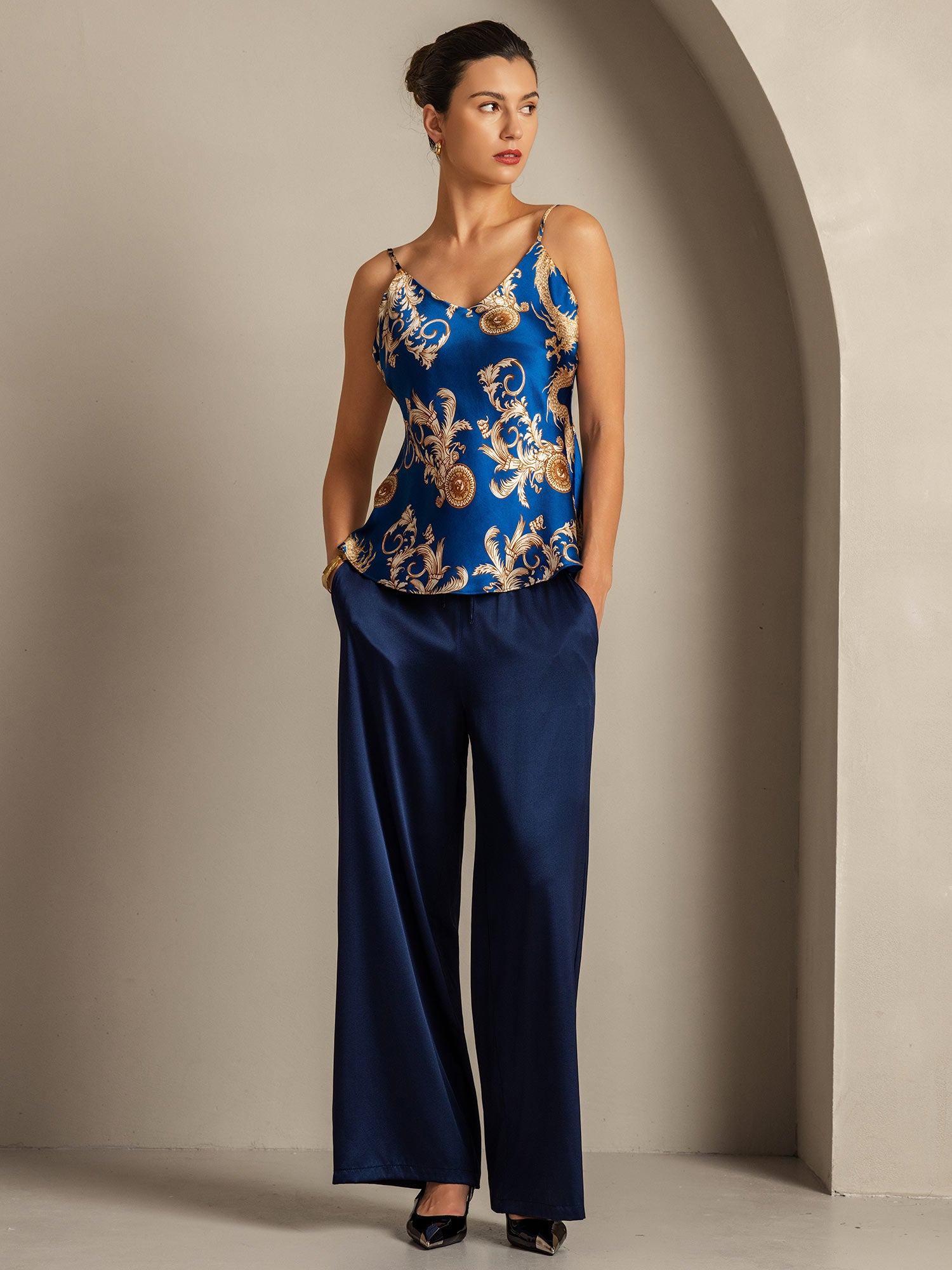 [Navy Drage] SilkSilky-NO V-Hals Camisole Topp 008