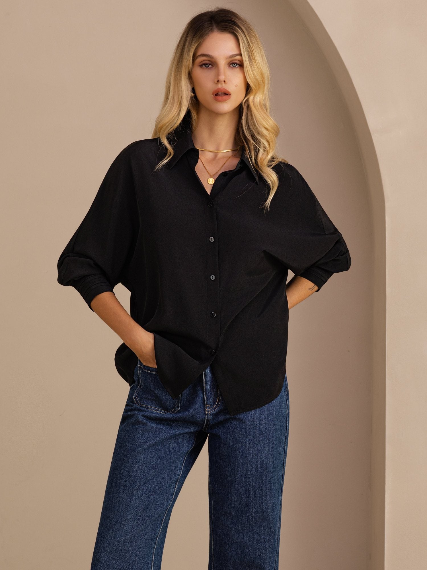 [Svart] SilkSilky-NO Long Sleeve Lapel Collar Skjorte for Kvinner 001