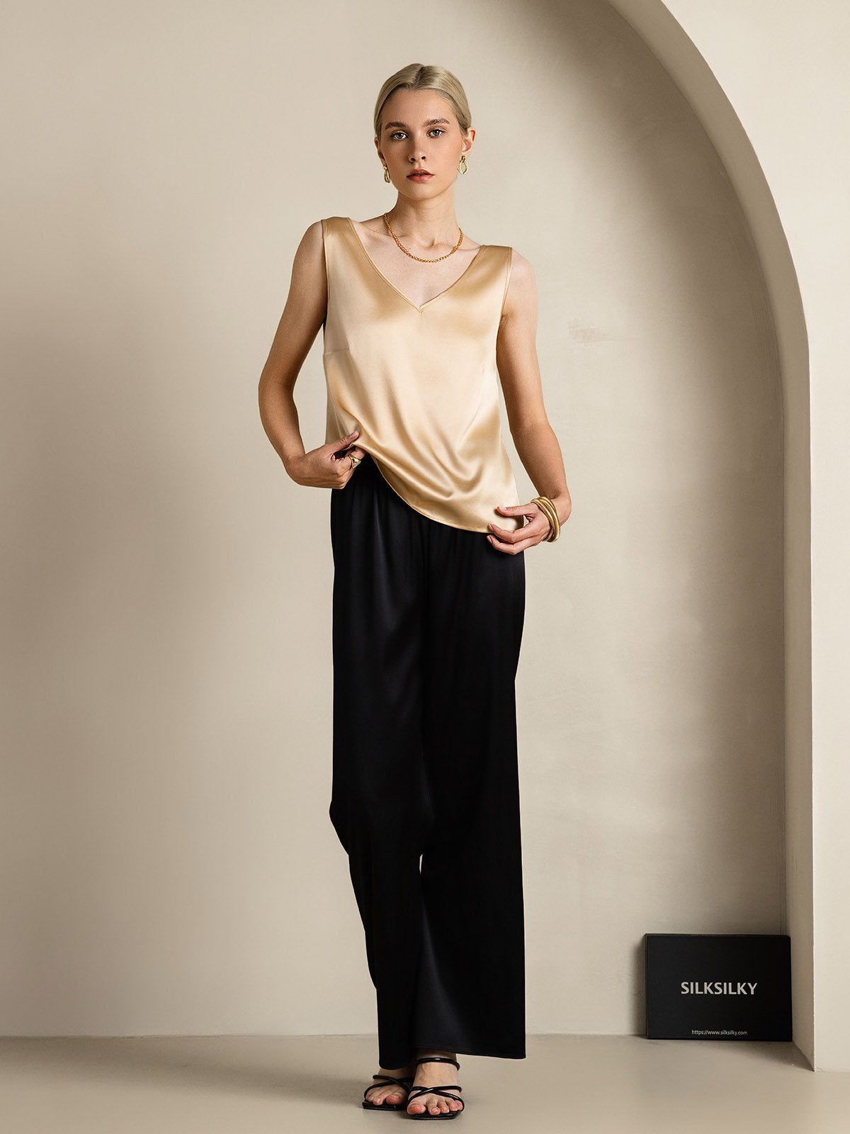 [Champagne] SilkSilky-NO 19Momme Silke V-Hals Camisole Topp 006