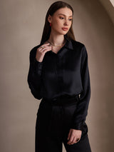 [Svart] SilkSilky-NO Long Sleeve Lapel Collar Skjorte for Kvinner 001