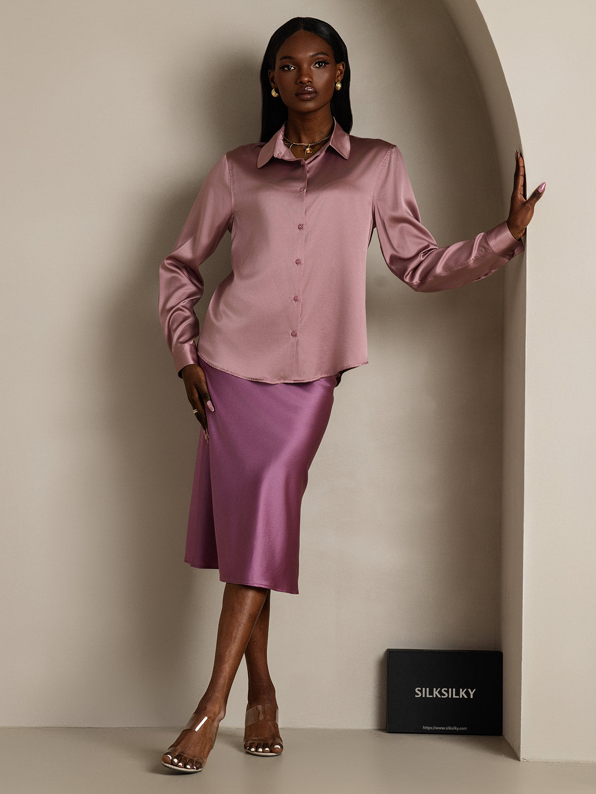 [Blek Mauve] SilkSilky-NO Silke Lapel Collar Skjorte for Kvinner 007