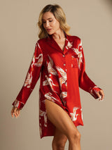 [Mørkerød] SilkSilky-NO Long Sleeve Lapel Collar Soveskjorte 001