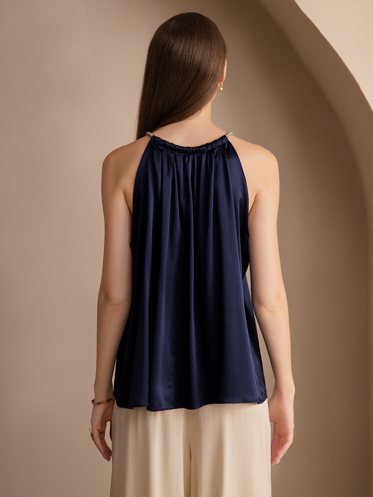 SilkSilky  19Momme Silk Blend Sleeveless Round Neck Camisole Top DarkBlue 002