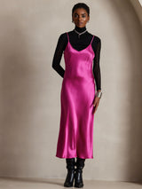 [Rosenrød] SilkSilky-NO Spaghetti Strap V Neck Kjole 007