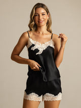 [Svart] SilkSilky-NO Spaghetti Stropp V Hals Camisole sett 003