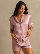 [Ferskenhud] SilkSilky-NO 19Momme Halv erme Notchkrage Pyjamas for Kvinner 003