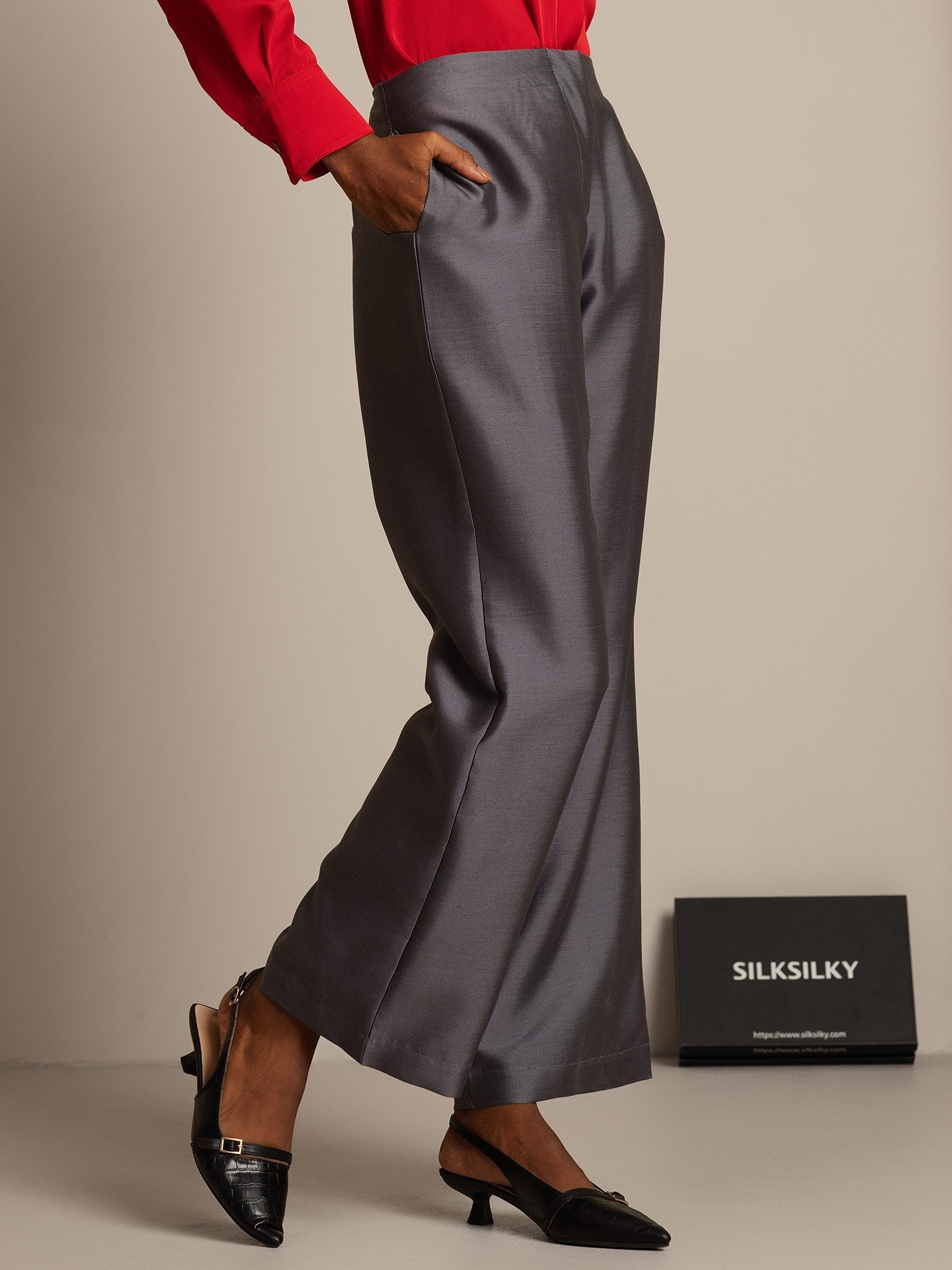 [Grå] SilkSilky-NO 32Momme Silk-Wool Blend Womens Pants 003,