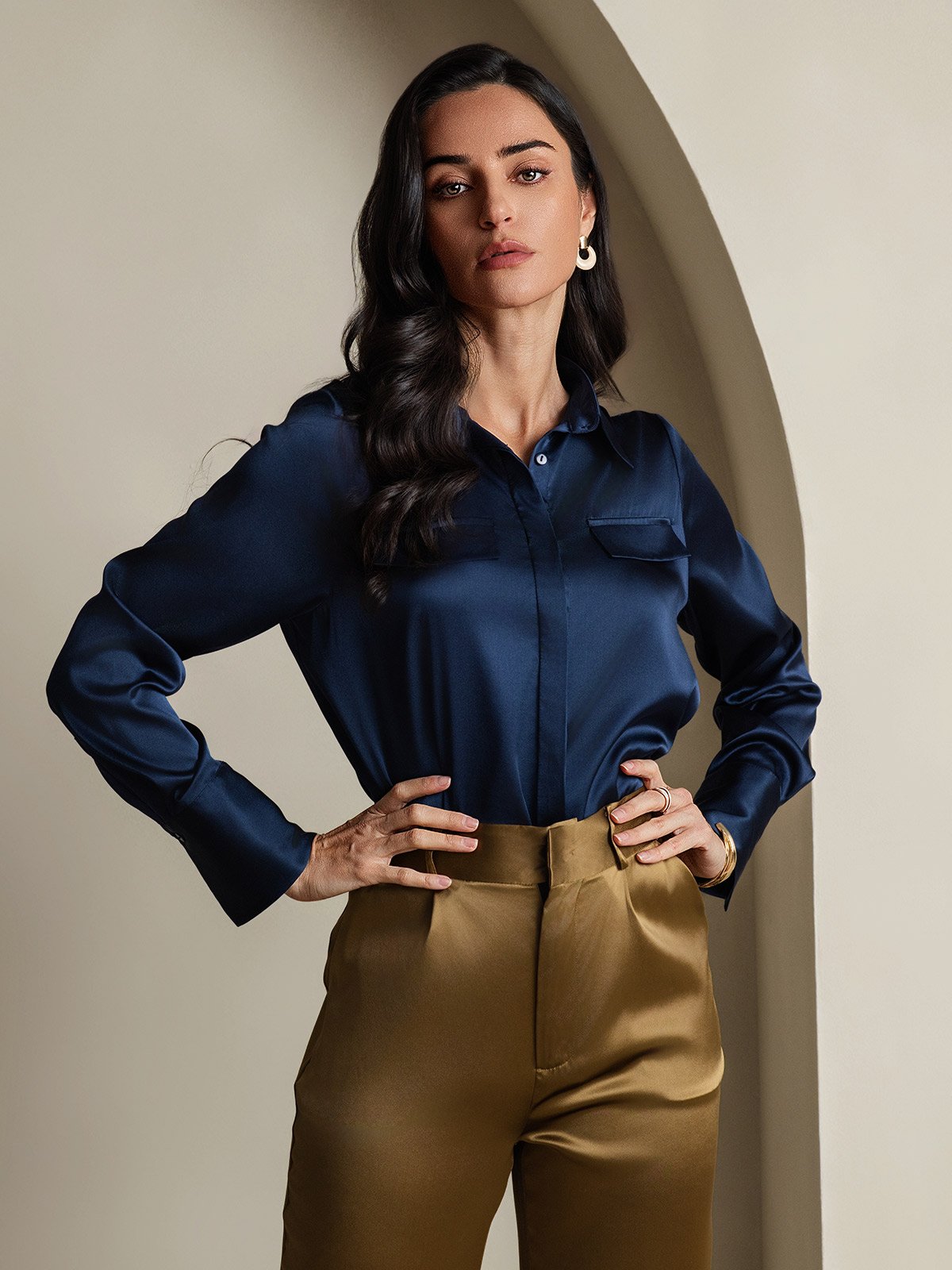 SilkSilky-NO 19Momme Silke Womens Shirt Mørkeblå 003