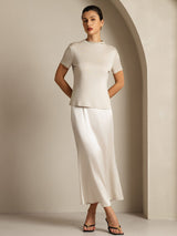 [Grå] SilkSilky-NO 100% Silk Jersey Short Sleeve Falsk Krage T-skjorte for Kvinner 007