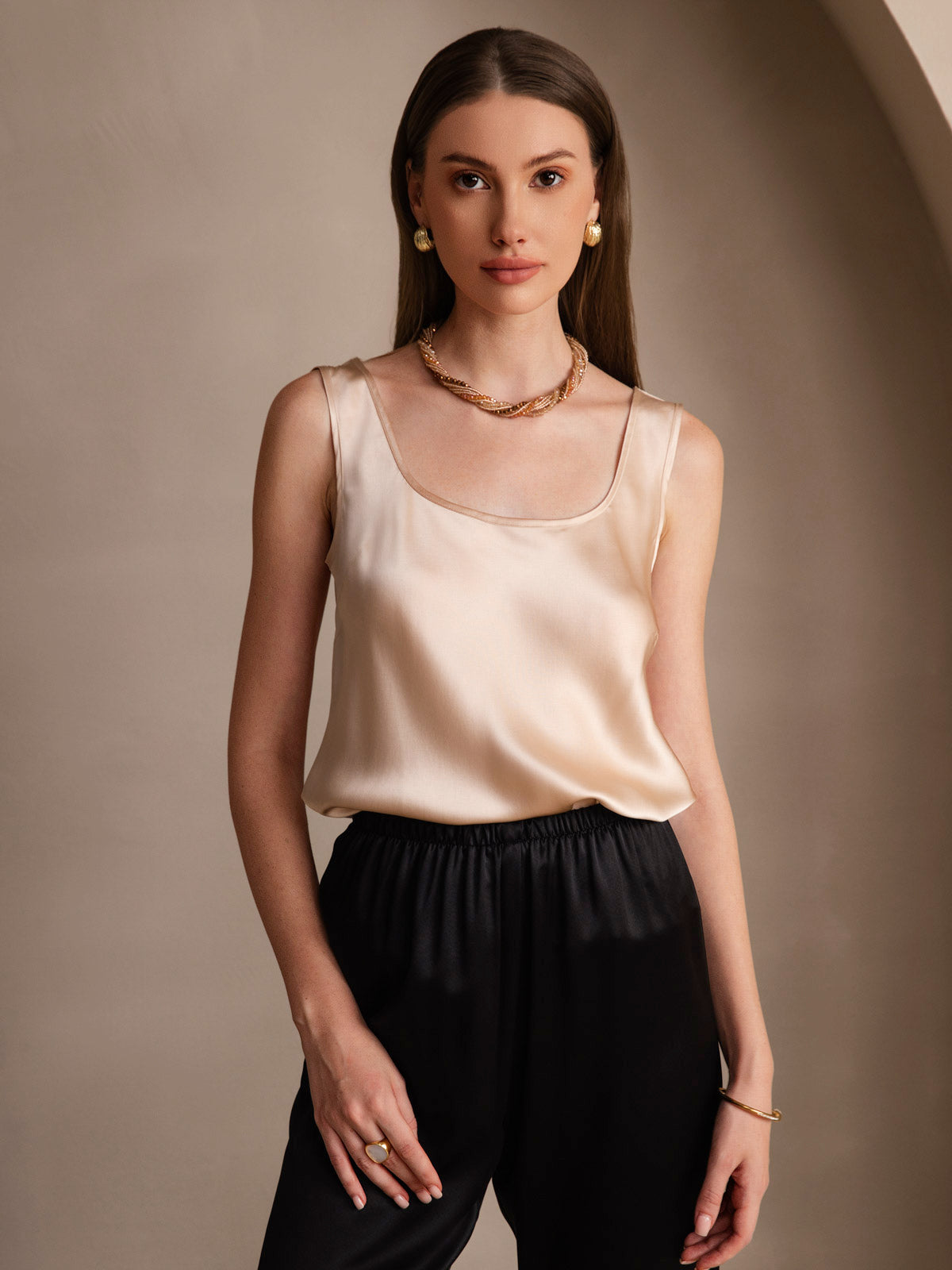 [Champagne] SilkSilky-NO 19Momme Silke U-hals Camisole Topp 001