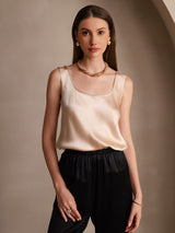 [Champagne] SilkSilky-NO 19Momme Ermeløs Dyp Rund Halsutringning Camisole Topp 001