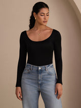 [Svart] SilkSilky-NO Long Sleeve U-hals T-skjorte for Kvinner 003