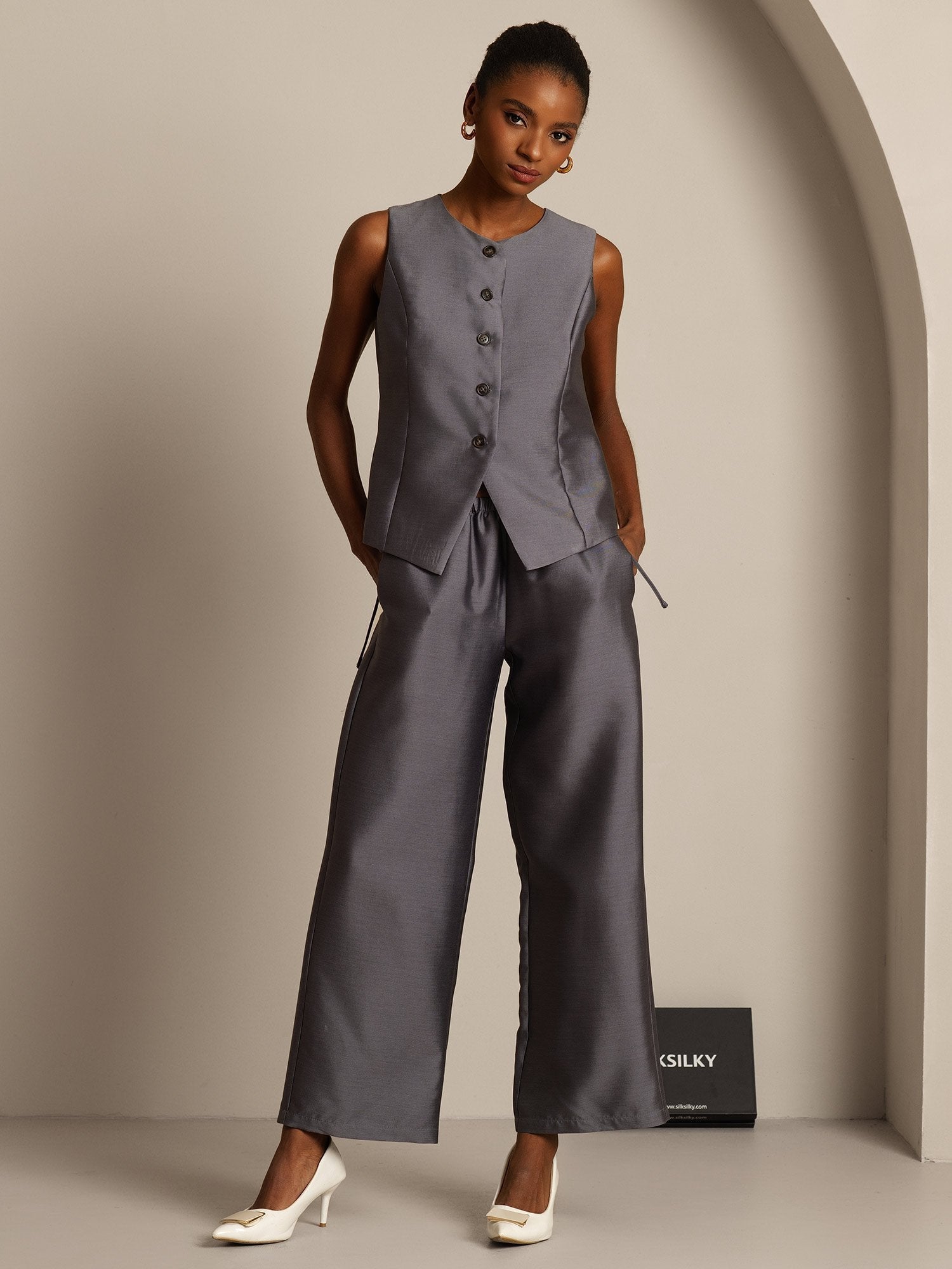 [Grå] SilkSilky-NO 32Momme Silk-Wool Blend Womens Vest 006,