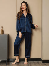 [Mørke blå] SilkSilky-NO Long Sleeve Lapel Collar Pyjamas for Kvinner 005