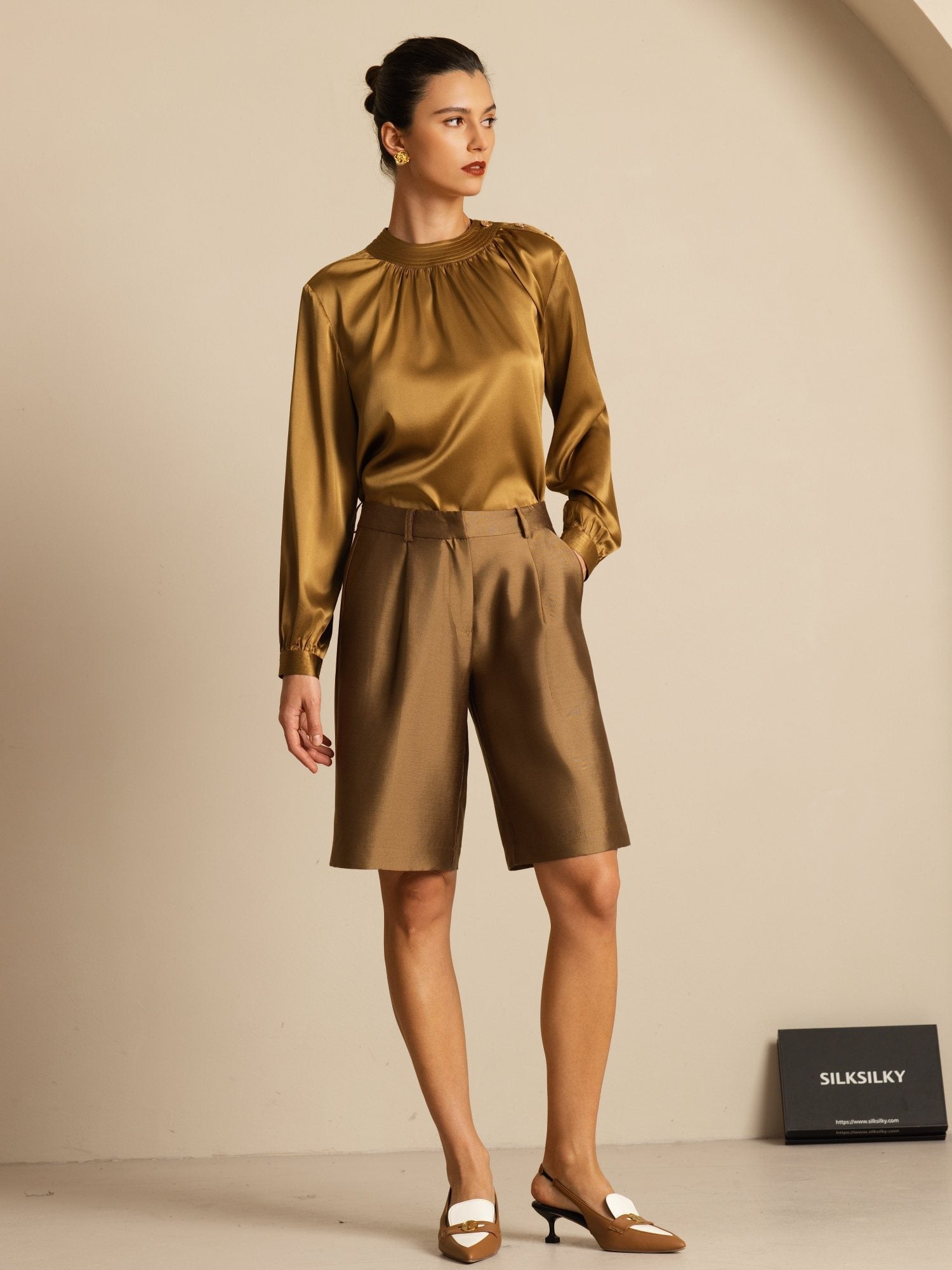 [Bronse] SilkSilky-NO 19Momme Silke Langermet Rund Hals Bluse 007