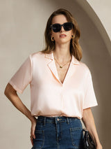 [Rosa] SilkSilky-NO Short Sleeve Lapel Collar Skjorte for Kvinner 001