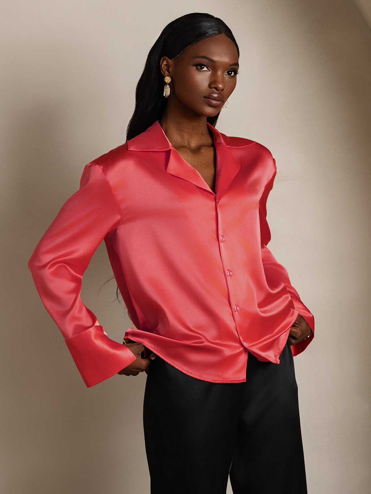 SilkSilky-NO 19Momme Silke Lapel Skjorte for Kvinner KeiserligRød 005