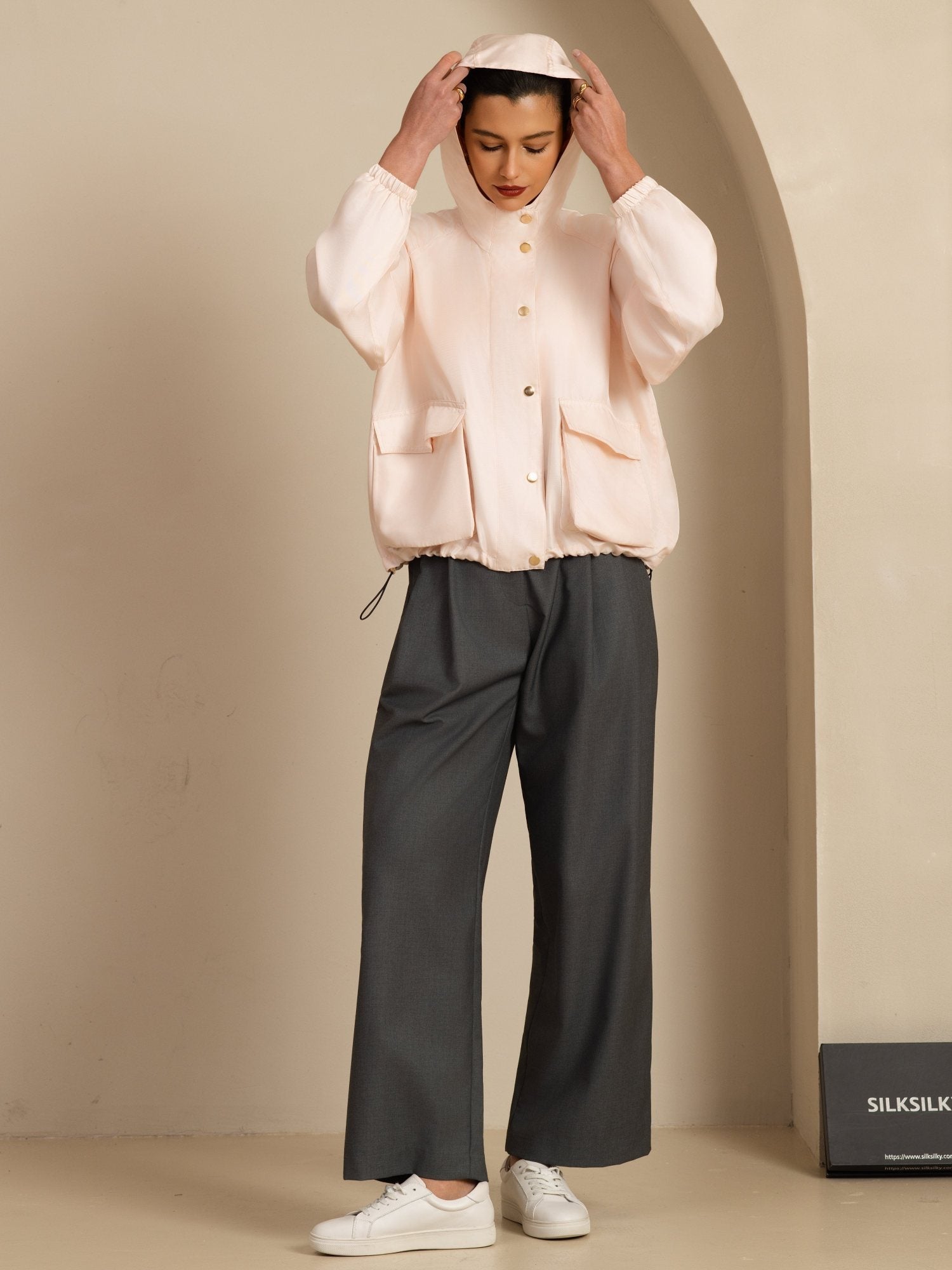 [Rosa] SilkSilky-NO Langermet Høy Hals Yttertøy for Kvinner 008