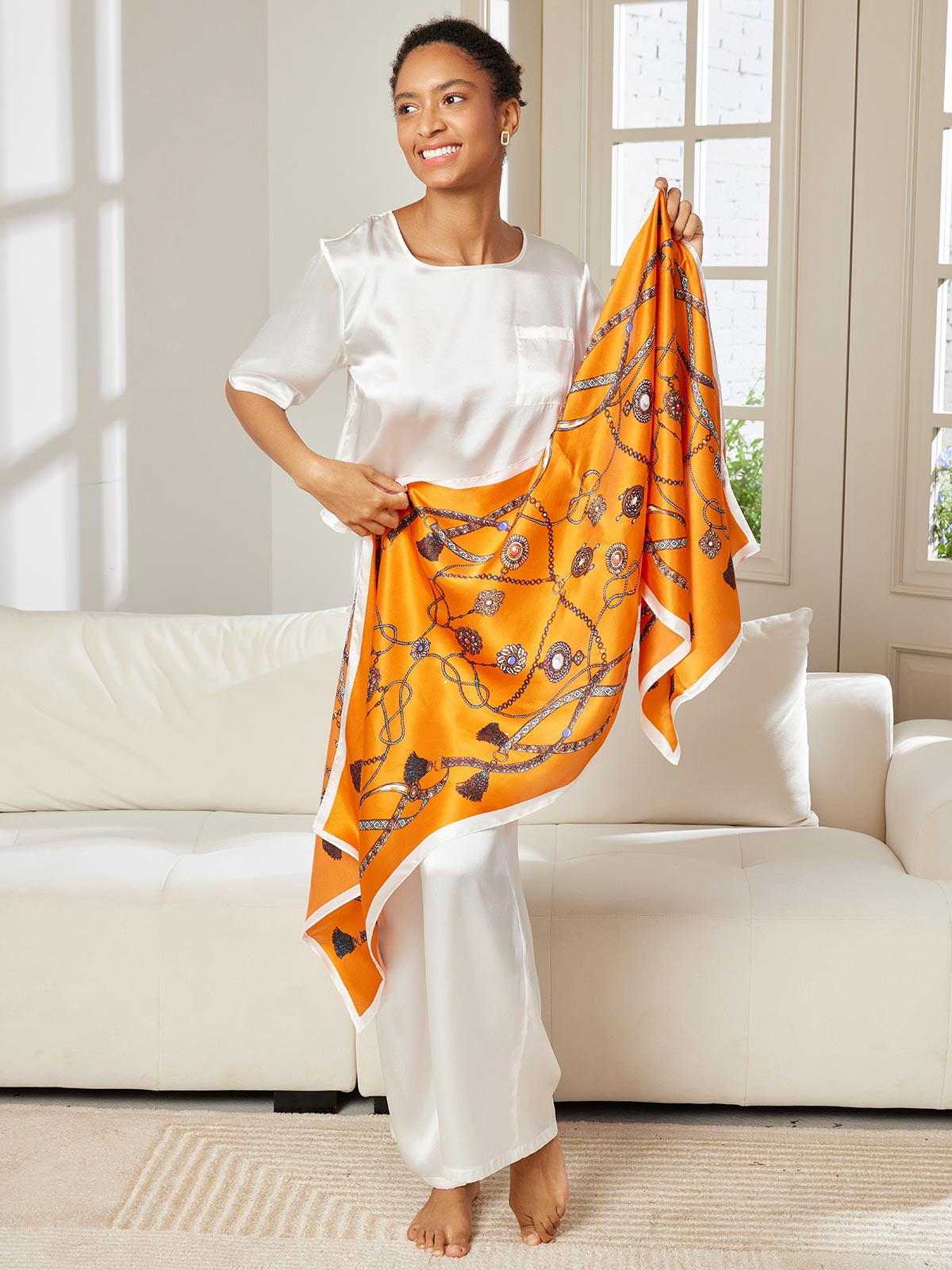 SilkSilky US Pure Silk Scarf Orange 005