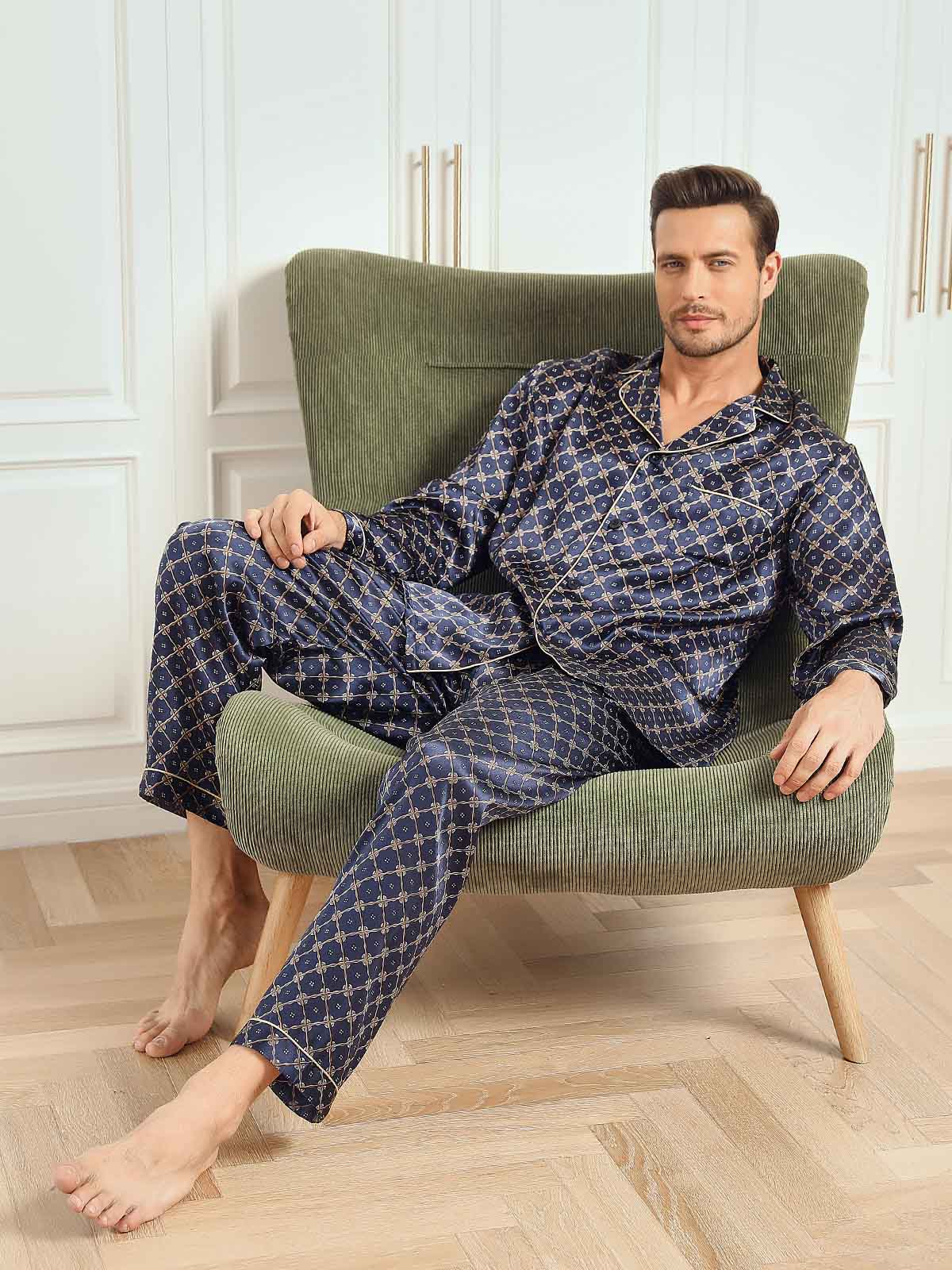 [Marine Kjede] SilkSilky-NO Long Sleeve Lapel Collar Pyjamas for menn 001