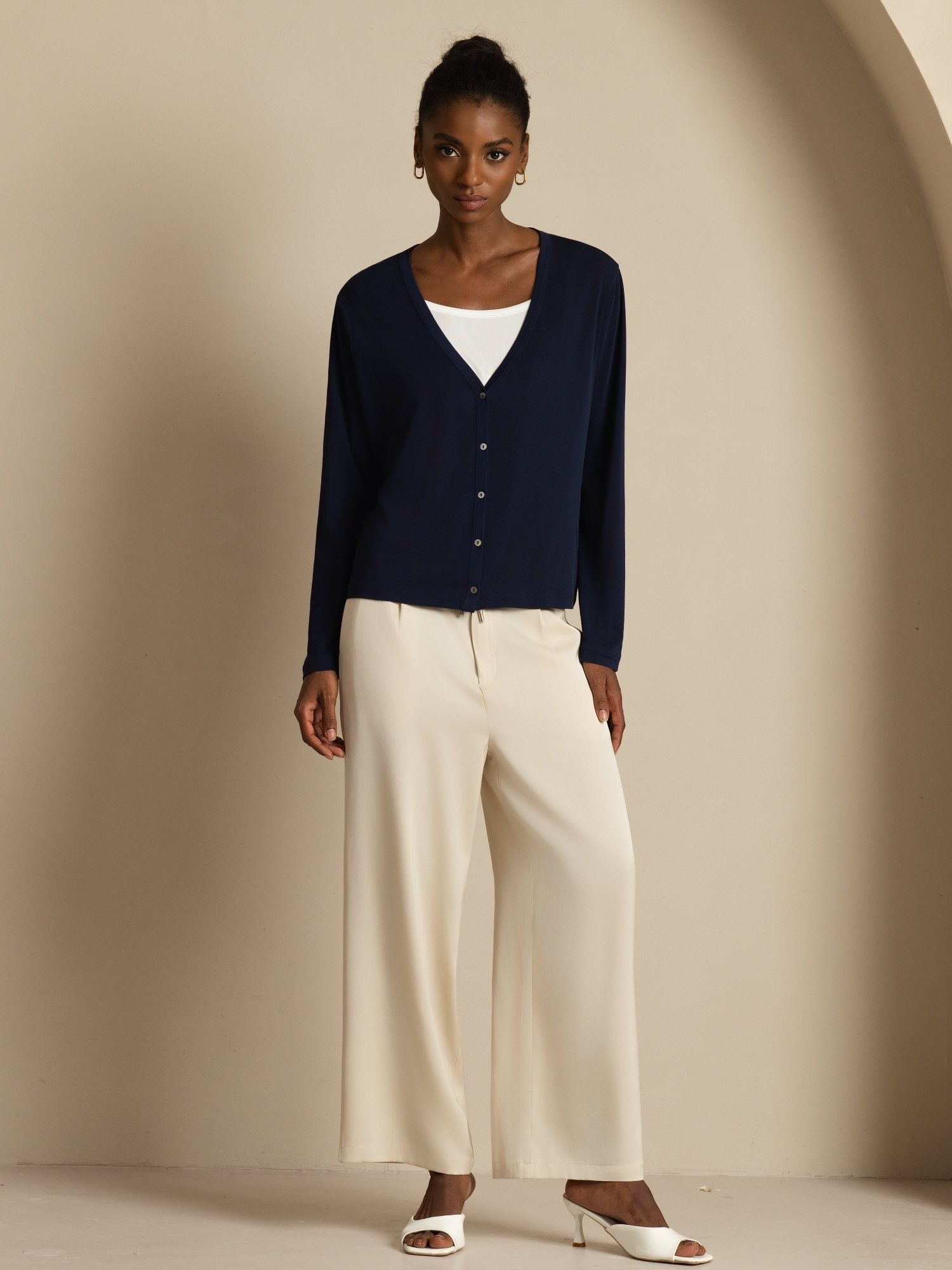 [Mørkeblå] SilkSilky-NO 19Momme Silke Langermet V Hals Dame Cardigan 008