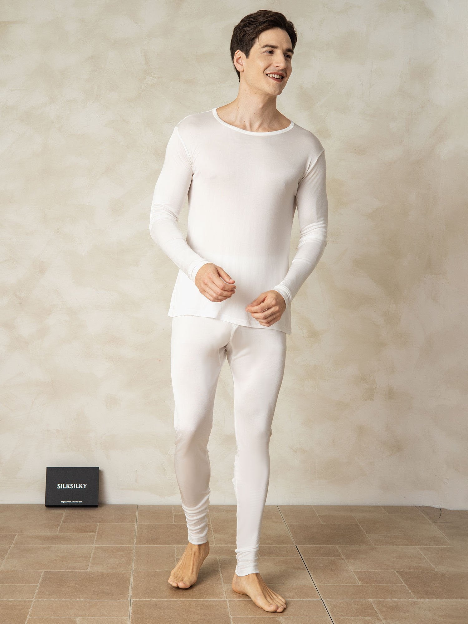 [Hvit] SilkSilky-NO Silke Mens Pajamas 002