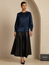 [Mørke blå] SilkSilky-NO 19Momme Long Sleeve Round Neck Bluse 008