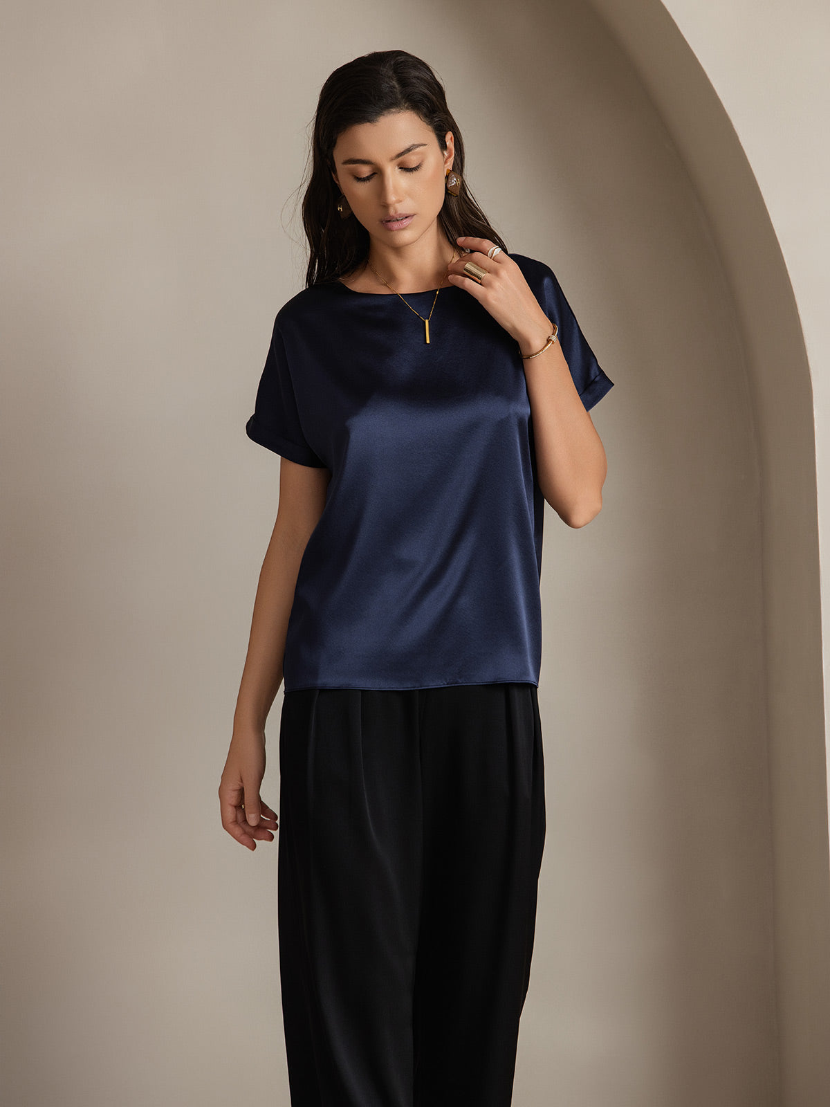 [Mørke blå] SilkSilky-NO 19Momme Silke Womens T-Shirt 003