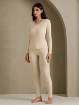 [Beige] SilkSilky-NO Long Sleeve V Neck Dame Langt Undertøy 007