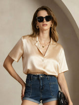[Champagne] SilkSilky-NO Short Sleeve Lapel Collar Skjorte for Kvinner 005